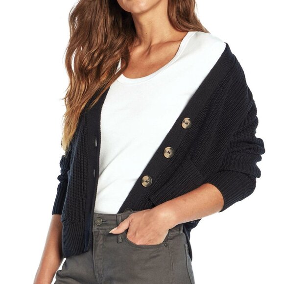 GAP Women’s Oversized Black Button-Front Woven Cotton Knit Cardigan Sweater Soft - Picture 2 of 13